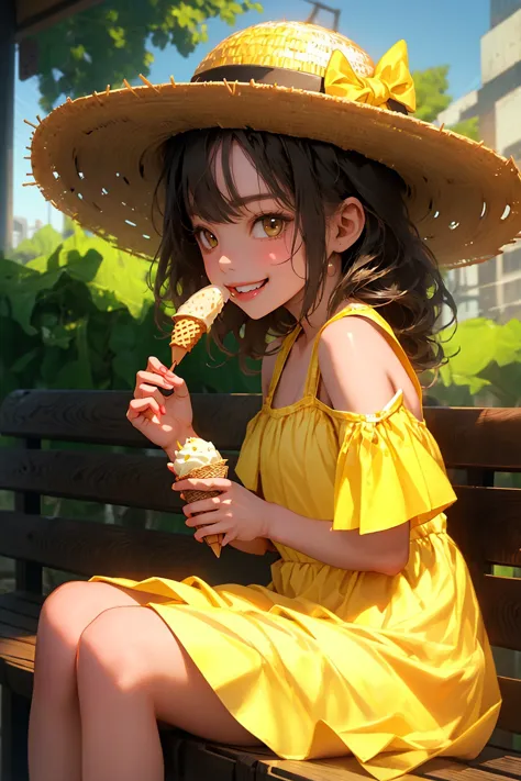 (masterpiece, best quality:1.15), niji, cute girl eating ice cream, sitting on bench, smiling slightly, from side, yellow summer...