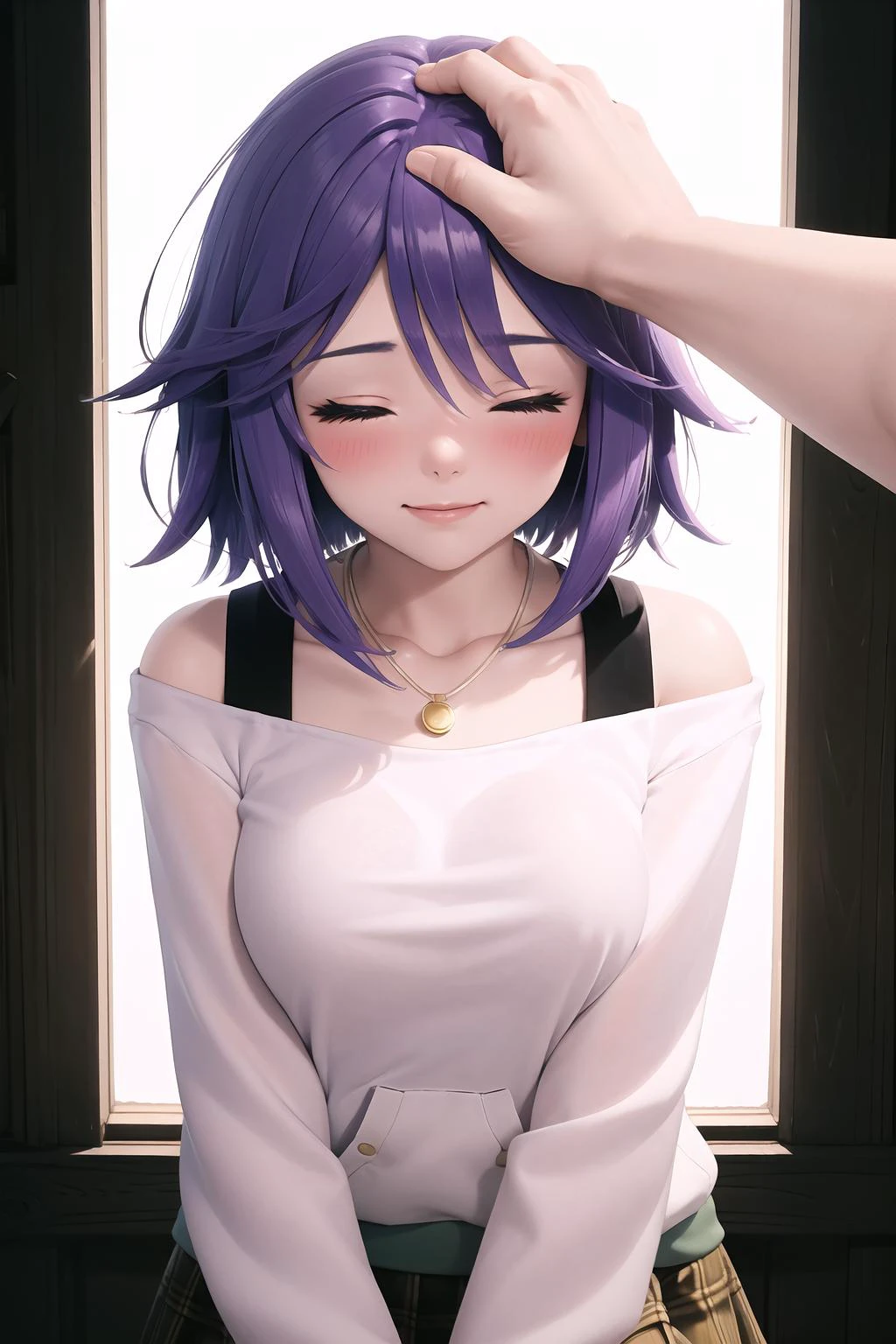 High Quality, Masterpiece, 1girl, Mizore Shirayuki, short hair, off-shoulder sweater, two-tone sweater, plaid skirt, pendant, IncrsHeadpatPOV, headpat, pov, closed eyes, blush, ^_^, happy,