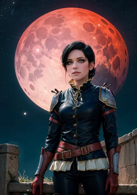 a woman in a leather outfit standing in front of a full moon