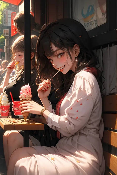 anime girl eating ice cream on a bench in a city