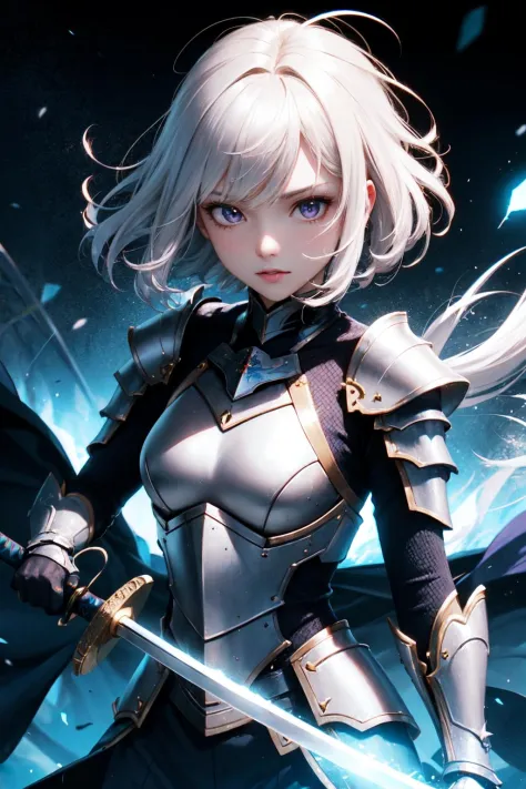 1girl, japanese armor, white hair, purple eyes, sword, ((holding sword)), blue flames, glowing weapon, light particles, wallpape...
