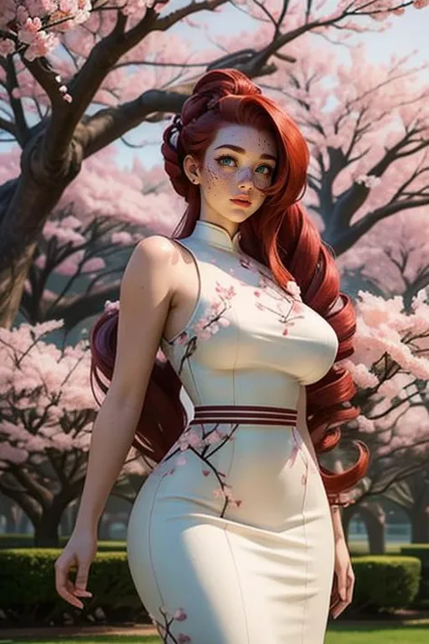 mature woman, AS-MidAged, detailed face, ((freckles)), perfect green eyes,  huge breasts, wide hips, voluptuous, curvy, ((very long red hair, victory rolls)), 1girl, S4kur4, cherry blossoms dress,sleeveless <lora:S4kur4:1>  <lora:detail_slider_v4:1> , japanese garden