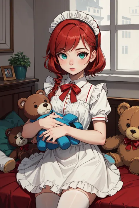 anime girl with red hair and blue eyes holding a teddy bear