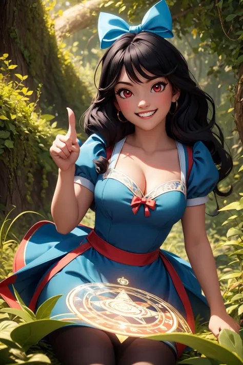 <lora:CHAR-Alice:1>, (AliceWonderlandWaifu:1.2), (detailed long black hair:1.2), apron, blue dress, pantyhose, bow, ribbon, puffy short sleeves, cleavage, perfect red eyes, glowing eyes, (ferocious grin:1.2), red hair bow, looking at viewer, (pointing finger at pov:1.2),
<lora:magic circle:0.5>,magic circle,
detailed background, forest, gigantic plants, perfect skin, ivy, moss,
(masterpiece:1.2), (best quality:1.2), (intricate:1.2), (highly detailed:1.2), (sharp:1.2), (8k:1.2),
cinematic light, vivid colors AS-Young