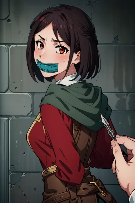 anime girl with a bandage on her mouth and a knife in her hand