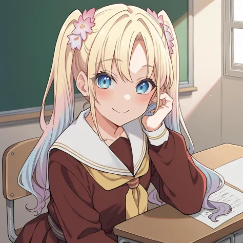 anime girl with long blonde hair sitting at a desk in a classroom