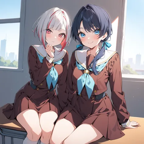 anime image of two girls sitting on a desk with their backs to the camera