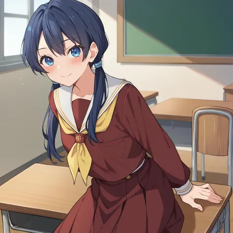 anime girl in a school uniform sitting on a desk in a classroom