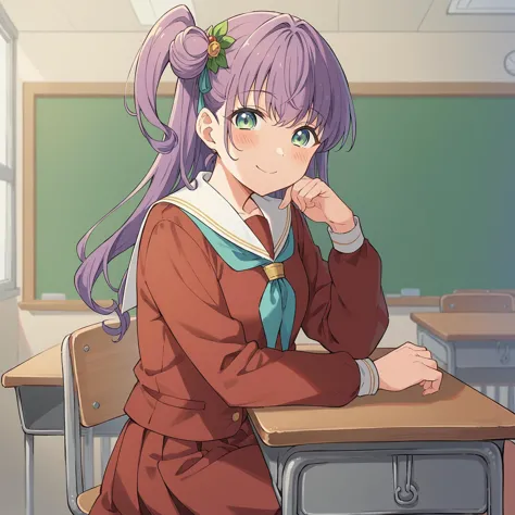 anime girl sitting at a desk in a classroom with a green chalkboard