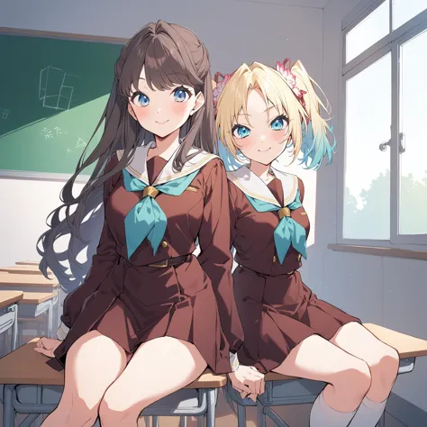 anime image of two girls sitting on a desk in a classroom