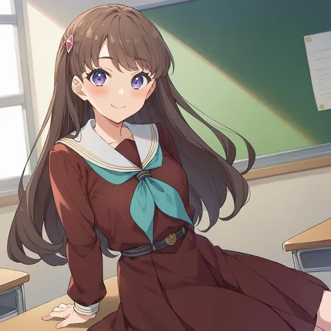 anime girl sitting on desk in classroom with blackboard in background