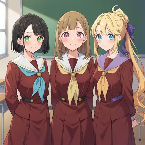 three girls in school uniforms standing in a classroom