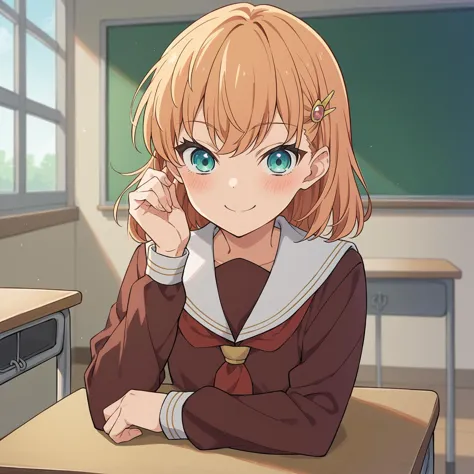 anime girl sitting at a desk in a classroom with a blackboard