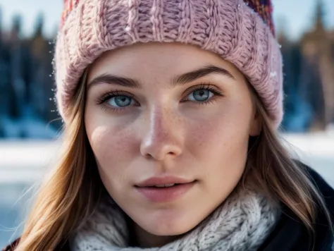 arafed woman with a pink hat and scarf looking at the camera