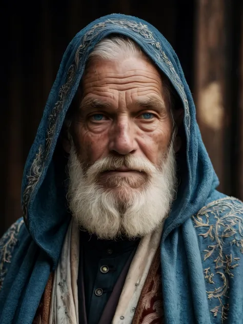 a close up of a man with a beard and a blue robe