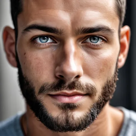 RAW photo, portrait of a beautiful man with a beard in a grey suite, full sharp, detailed face, blue eyes, high detailed skin, 8...