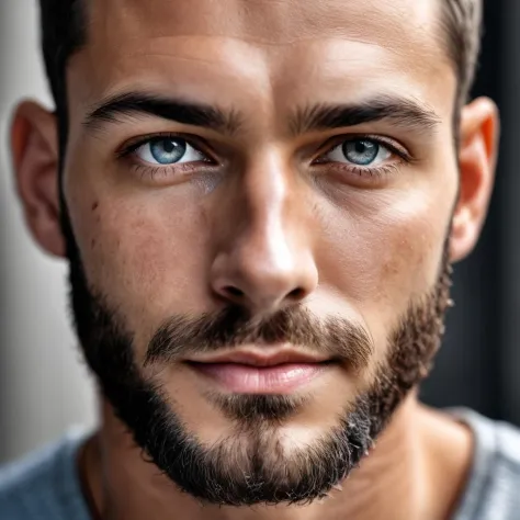 RAW photo, portrait of a beautiful man with a beard in a grey suite, full sharp, detailed face, blue eyes, high detailed skin, 8k uhd, dslr, soft lighting, high quality, film grain, Fujifilm XT3
upper body, cute face, eye level, focus on eyes, dappled light on face, pale skin, no make-up, detailed face and eyes, natural skin texture, highly detailed skin, textured skin, skin pores, oiled shiny skin, skin blemish, imperfect skin, intricate skin details, visible skin detail, detailed skin texture, subsurface scattering, blush, few freckles, few moles, goosebumps,  skin imperfections, skin pores, wrinkles, vitiligo spots, whiteheads, blackhead, white pimples, red pimples, beauty spot, skin fuzz, remarkable detailed pupils, detailed iris, very thin eyebrows