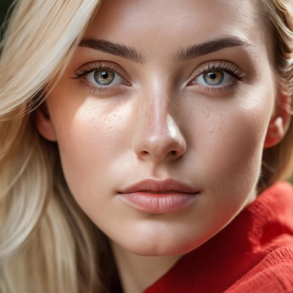 RAW photo, portrait of a beautiful blonde woman wearing a red shirt (high detailed skin:1.2), 8k uhd, dslr, soft lighting, high quality, film grain, Fujifilm XT3
upper body, cute face, eye level, focus on eyes, dappled light on face, pale skin, no make-up, detailed face and eyes, natural skin texture, highly detailed skin, textured skin, skin pores, oiled shiny skin, skin blemish, imperfect skin, intricate skin details, visible skin detail, detailed skin texture, subsurface scattering, blush, few freckles, few moles, goosebumps,  skin imperfections, skin pores, wrinkles, vitiligo spots, whiteheads, blackhead, white pimples, red pimples, beauty spot, skin fuzz, remarkable detailed pupils, detailed iris, very thin eyebrows