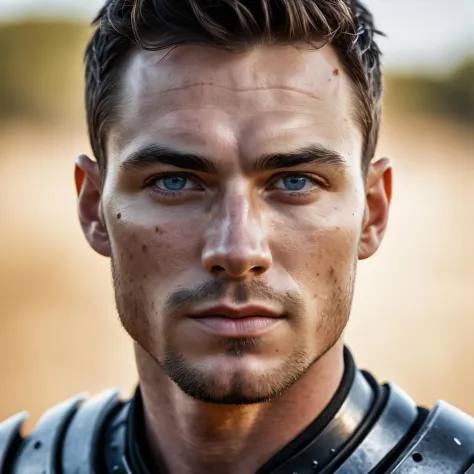 RAW photo, hero portrait of a ((male)) 30 year old warrior, wearing shiny metal armor, full sharp, detailed face, blue eyes, hig...