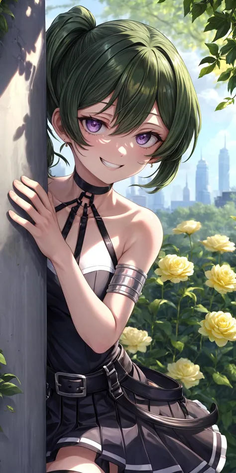 anime girl leaning against a pole with flowers in the background