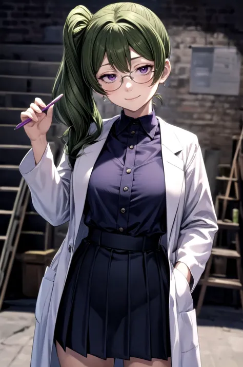 anime girl with green hair and glasses holding a pencil