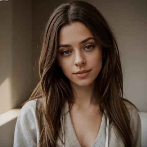 a close up of a woman with long hair and a hoodie