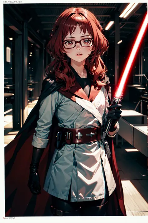 zzLightSaber, belt, cape, gloves, aimie, red-framed eyewear,, absurdres, ultra detailed, masterpiece, best quality, aesthetic, detailed,