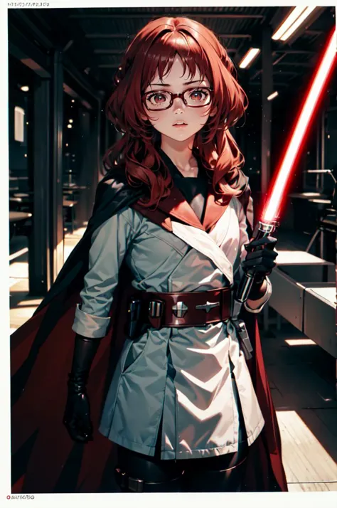 <lora:LightSaber:0.8> zzLightSaber, belt, cape, gloves, <lora:ai_mie_v3.1:1> aimie, red-framed eyewear,, absurdres, ultra detail...