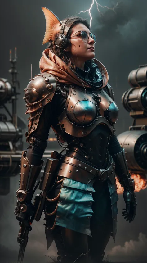 a woman in armor standing in front of a machine