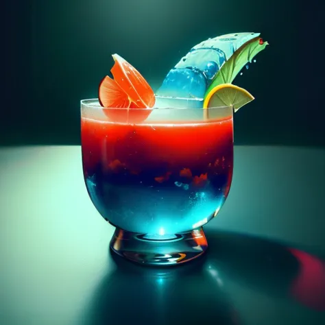 food photography shot of a cocktail made with blue casino and other tropical ingredients (masterpiece, best quality, high qualit...