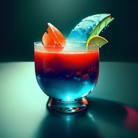 there is a blue and red drink with a umbrella on the table