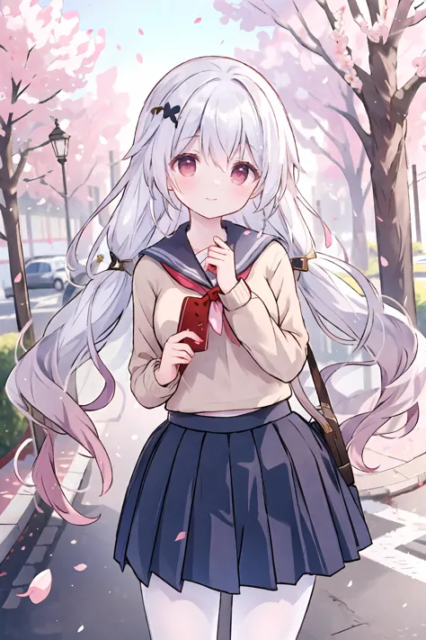 theresa apocalypse, solo, sc,hool uniform, white shirt, sweater, pleated skirt, white pantyhose, light smile, looking at viewer, outdoors, street, cherry blossoms, petals, depth of field