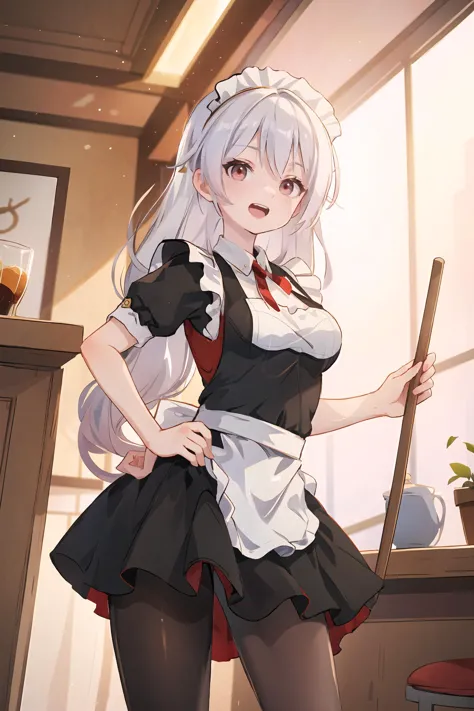 theresa apocalypse, solo, maid, maid headdress, maid apron, pantyhose, looking at viewer, cowboy shot, bar \(place\), indoors, depth of field, smug, open mouth, hand on hip