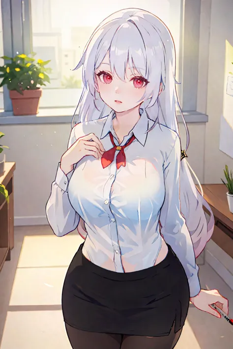 anime girl with long white hair and red tie posing in a room