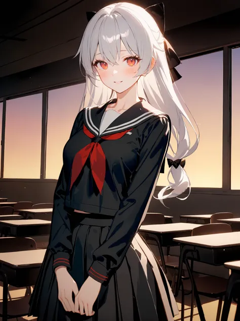 anime girl in a school uniform standing in a classroom