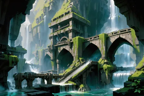 huge dark cave, darkness, sprawling underground dwarven city, junkworld, reclaimed brutalism, stone buildings, stone towers, bridges, smoke, steam, steam_swirls, pipes, gears, waterfall, ivy, tanks, veins_of_metal, <lora:EnvyJunkworldXL01:1> <lora:EnvyReclaimedBrutalismXL01:1>, (masterpiece:1.2), best quality, (hyperdetailed, highest detailed:1.2), high resolution textures, <lora:EnvyBetterHiresFixXL01:1>