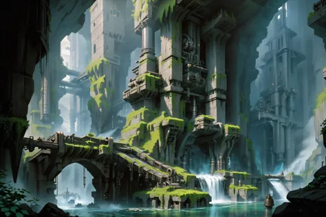 huge dark cave, darkness, sprawling underground dwarven city, junkworld, reclaimed brutalism, stone buildings, stone towers, bridges, smoke, steam, steam_swirls, pipes, gears, waterfall, ivy, tank, veins_of_metal, <lora:EnvyJunkworldXL01:1> <lora:EnvyReclaimedBrutalismXL01:1>, (masterpiece:1.2), best quality, (hyperdetailed, highest detailed:1.2), high resolution textures, <lora:EnvyBetterHiresFixXL01:1>