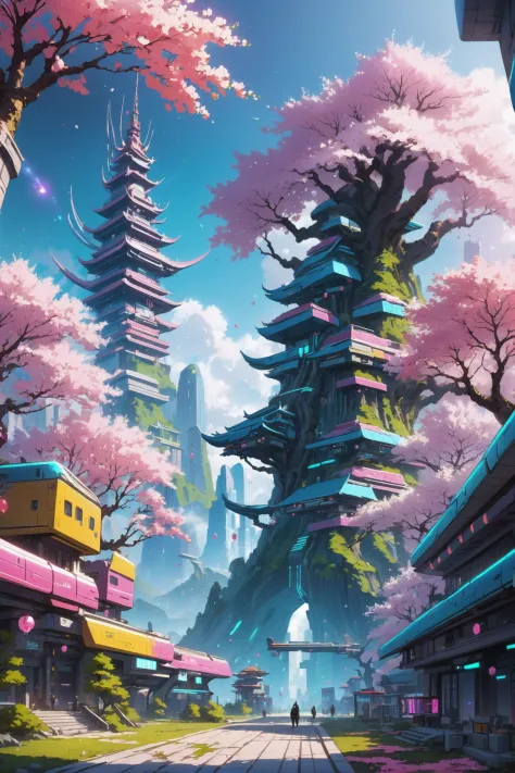 colorful, sakura trees, a demonic scifi city edge of the multiverse, masterpiece, by Vitaly Bulgarov<lora:EnvyReclaimedBrutalism...