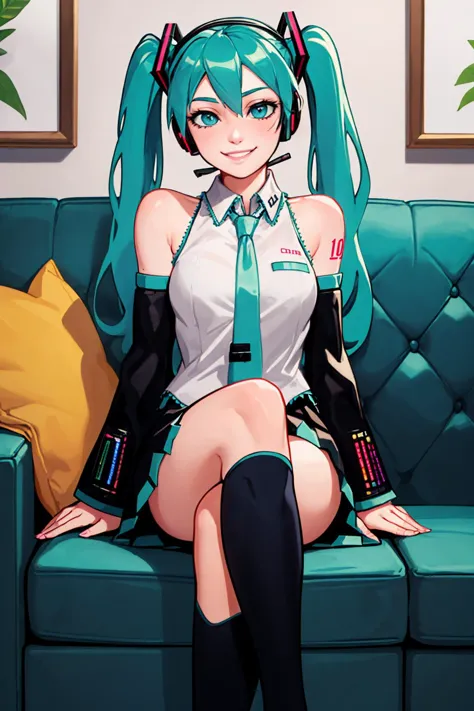(masterpiece, best quality:1.2), solo, 1girl, hatsune miku, smile, looking at viewer, sitting, crossed legs, couch, twintails, h...