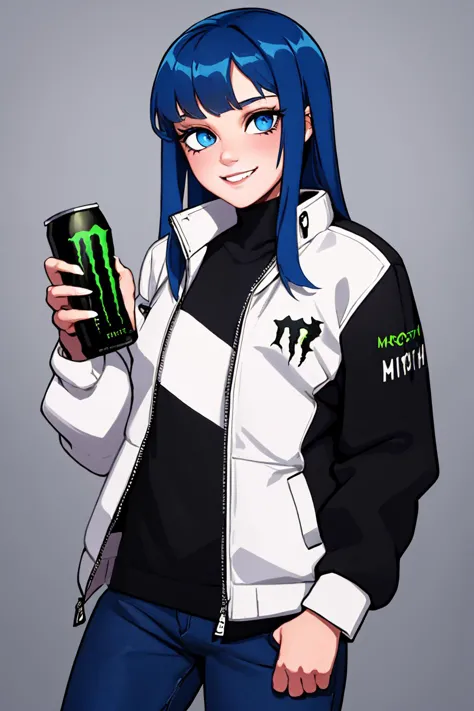 (masterpiece, best quality:1.2), solo, 1girl, smile, looking at viewer, holdingmonsterenergy, long hair, blue hair, blue eyes, j...