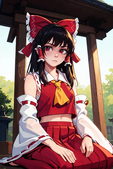 (masterpiece, best quality:1.2), solo, 1girl, hakurei reimu, expressionless, looking at viewer, seiza, hair tubes, sleeveless shirt, yellow ascot, detached sleeves, red hakama skirt, shrine