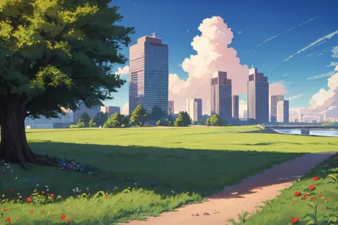 (masterpiece, best quality:1.2), no humans, landscape scenery, (grass:1.2), tree, skyscraper in the middle of nowhere, vine, flower, rose, blue sky, cloud