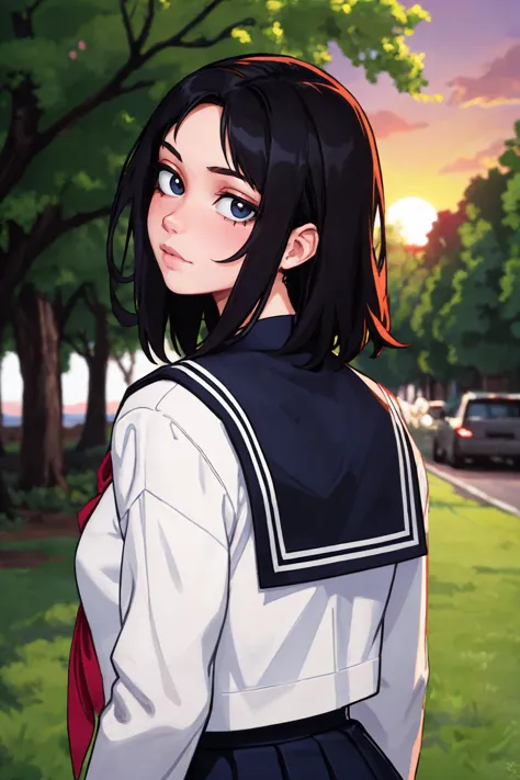 (masterpiece, best quality:1.2), from behind, upper body, solo, 1girl, looking back, medium hair, school uniform, black serafuku, sunset, trees