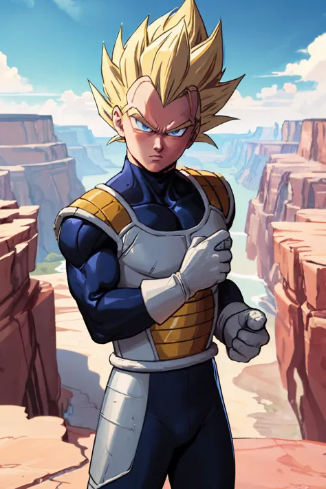 (masterpiece, best quality:1.2), solo, male focus, 1boy, vegeta, serious, looking at viewer, super saiyan, blonde spiked hair, b...