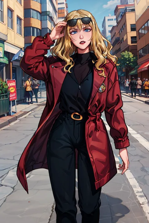 masterpiece, best quality, 8K RAW photo, film grain, casual,  <lora:Julia_V1-E10_(CowboyBebop):.9> juliaco, lipstick, black coat, turtleneck sweater, belt, pants, black footwear, lipstick, eyewear on head, choker, bodysuit, zipper, blonde hair,