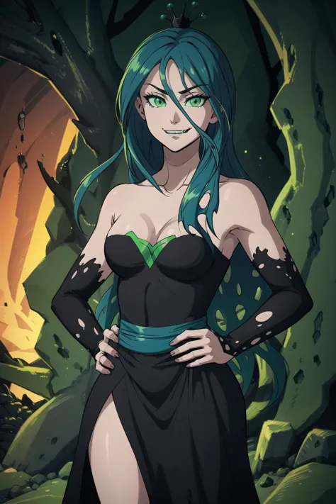 a woman in a black dress and green hair standing in front of a cave