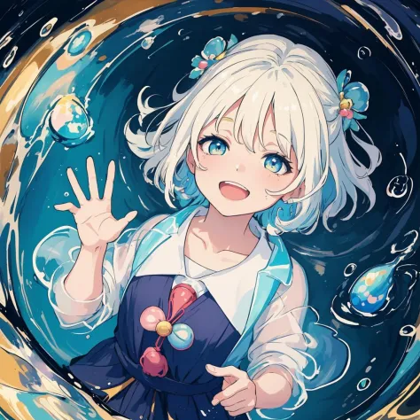 a baby,laughing,Colorful colors,surrounded by water bubbles,in the style of Kawacy,Masterpiece,Oil painting drawn in anime style,head close - up,exaggerated perspective,Tyndall effect,water drops,mother - of - pearl iridescence,Holographic white,