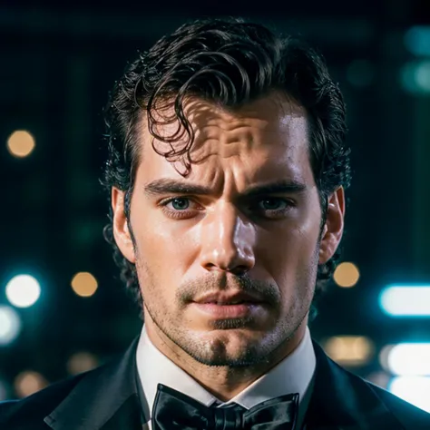 face portrait of henrycavill person using a tuxedo, in blade runner, professional photography, high resolution, 4k, detailed photo,     