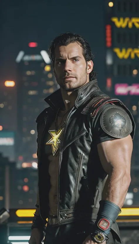 a man in a leather jacket standing in front of a city