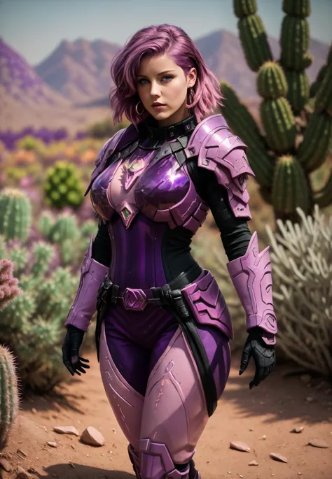 Close-up, photorealistic 8k raw photography, (female in Plum Purple hdsrmr:1.3), medium hair, (pink mid-fade:1.2), Intricate details, burly physique, Enhanced reflection, Dynamic stance, Fiery aura, Insane color palette, Cactus Gardens background full of busy people, Shimmering reflections, Mysterious lighting, Intriguing setting <lora:Armor from HaDeS v8.0 SD1.5:0.8>